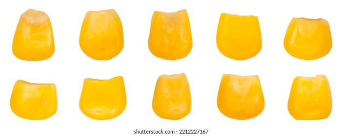 Corn grains set isolated on white background. Color image of several corn kernels. Vector mesh illustration.