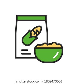 Corn Grits Package And Bowl Of Porridge Color Line Icon. Healthy, Organic Food. Proper Nutrition. Isolated Vector Element. Outline Pictogram For Web Page, Mobile App, Promo