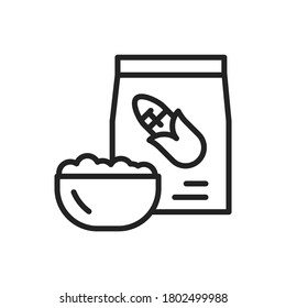 Corn Grits Package And Bowl Of Porridge Black Line Icon. Healthy, Organic Food. Proper Nutrition. Isolated Vector Element. Outline Pictogram For Web Page, Mobile App, Promo