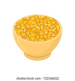 Corn grits in wooden bowl isolated. Groats in wood dish. Grain on white background. Vector illustration
