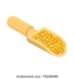 Corn grits in wooden scoop isolated. Groats in wood shovel. Grain on white background. Vector illustration

