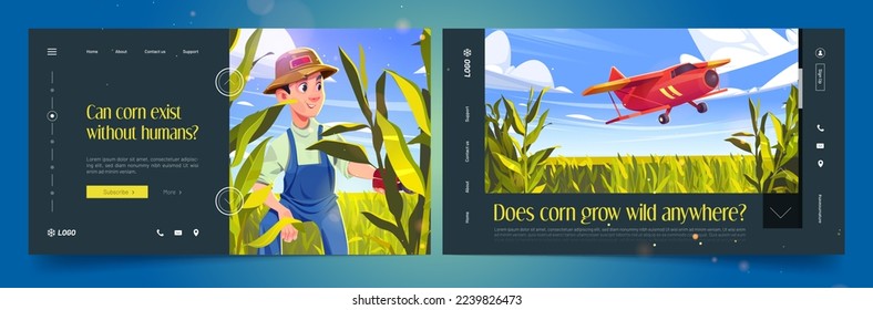 Corn growth banners with farmer on maize field and flying red airplane. Agriculture cornfields, gardener with secateurs and biplane, vector landing pages with cartoon illustration