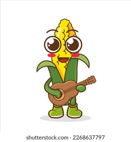 Corn with guitar, illustration, vector on white background. cute Corn character playing guitar