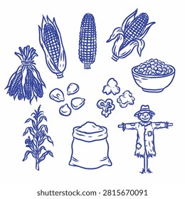 Corn Harvest Agriculture Elements Hand Drawn Doodle Line Art Farm Illustration Set