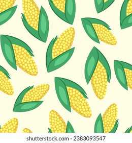 Corn harvest seamless pattern in flat cartoon style. Repeat background isolated, background color can be changed