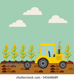 corn harvest and yellow tractor icon. fresh farm concept. colorful design. vector illustration 