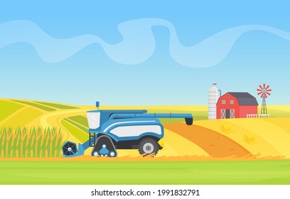 Corn harvesting combine machine working in agricultural field landscape vector illustration. Cartoon countryside natural agro farming technology, harvester equipment cropping cereal plants background