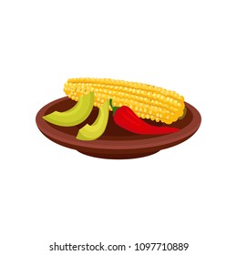 Corn, hot pepper and slices of avocado in brown ceramic plate. Traditional Mexican food. Flat vector element for poster or menu