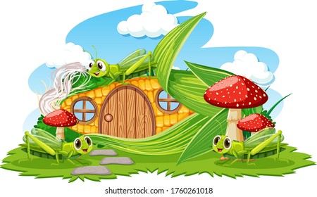 Maisenhaus mit drei Grasshoper-Cartoon-Stil auf weißem Hintergrund, Vektorgrafik