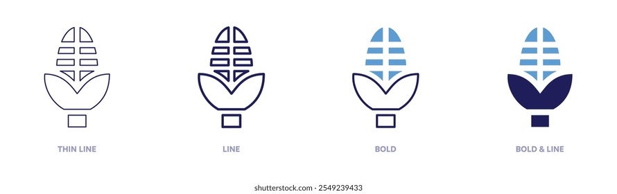 Corn icon in 4 different styles. Thin Line, Line, Bold, and Bold Line. Duotone style. Editable stroke.