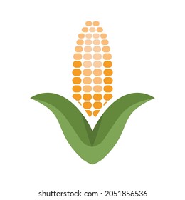 The corn icon. Agricultural grain crop. A golden ear of corn framed by green leaves. Vector illustration isolated on a white background for design and web.