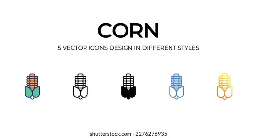 corn Icon Design in Five style with Editable Stroke. Line, Solid, Flat Line, Duo Tone Color, and Color Gradient Line. Suitable for Web Page, Mobile App, UI, UX and GUI design.