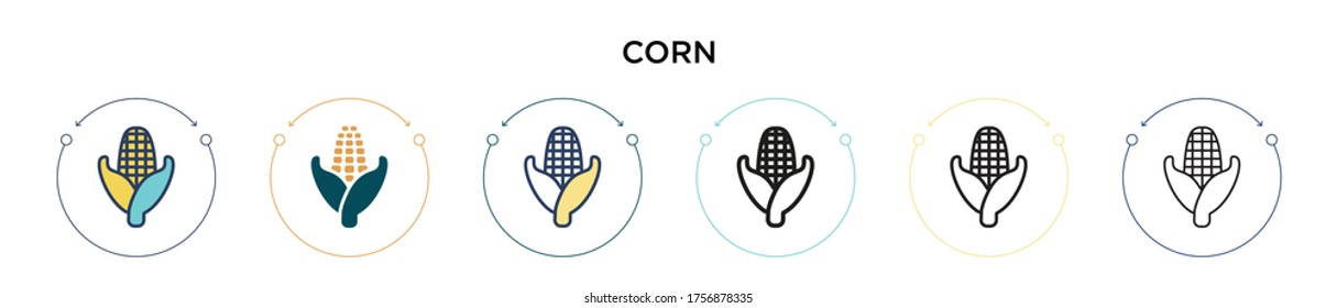 Corn icon in filled, thin line, outline and stroke style. Vector illustration of two colored and black corn vector icons designs can be used for mobile, ui, web