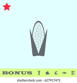 Corn icon flat. Grey pictogram on blue background. Vector illustration symbol and bonus buttons medal, cow, earth, eye, calculator