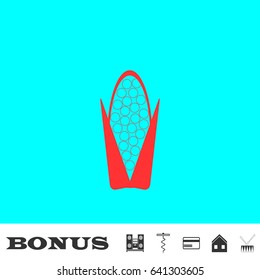 Corn icon flat. Red pictogram on blue background. Vector illustration symbol and bonus buttons Music center, corkscrew, credit card, house, drum