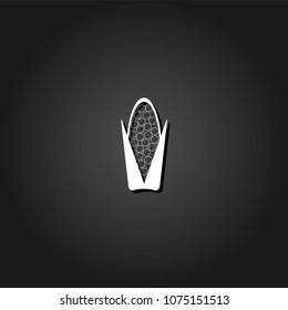 Corn icon flat. Simple White pictogram on black background with shadow. Vector illustration symbol