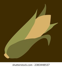 Corn icon in flat style with green leaves, Isolated Vector illustration on dark background. Autumn seasonal Vegetable, Farm logo element, Sweet Maize, Popcorn. Harvest festival, Banner design.