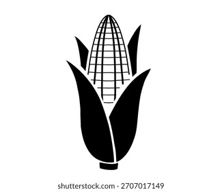 Corn icon, label in silhouette style, simple vegetable icon isolated on white background	