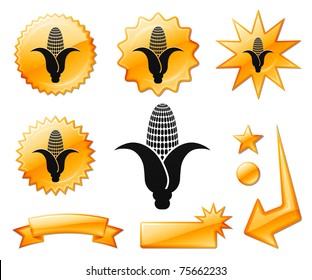 Corn Icon on Orange Burst Banners and Medals Original Vector Illustration