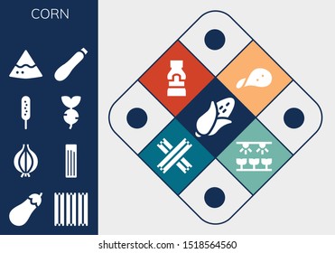 corn icon set. 13 filled corn icons.  Collection Of - Corn, Eggplant, Churros, Onion, Corndog, Turnip, Nachos, Courgette, Snack, Mustard, Farm icons