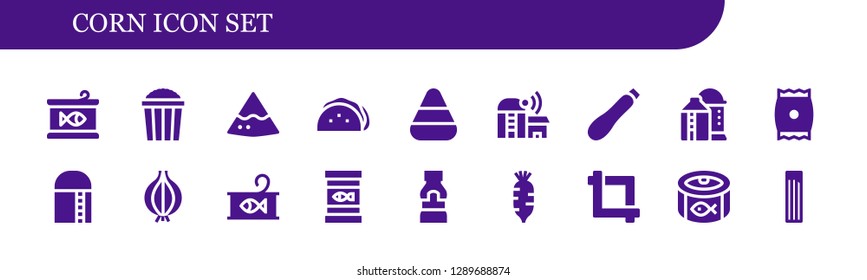  corn icon set. 18 filled corn icons. Simple modern icons about  - Canned food, Popcorn, Nachos, Taco, Candy corn, Farm, Courgette, Silo, Snack, Harvest, Onion, Mustard, Radish