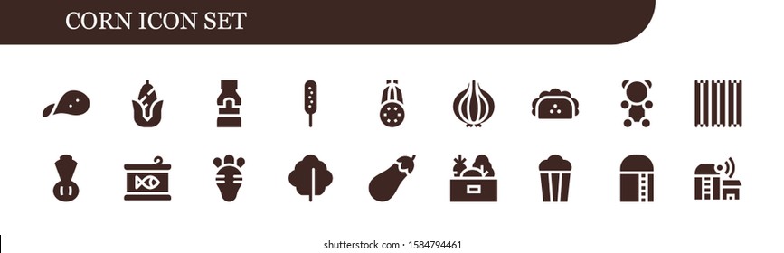corn icon set. 18 filled corn icons.  Collection Of - Snack, Corn, Mustard, Corndog, Courgette, Onion, Taco, Gummy bear, Churros, Chives, Canned food, Radish, Lettuce, Eggplant icons