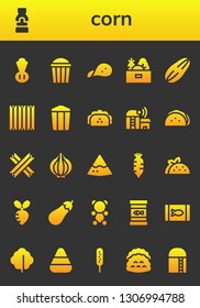 corn icon set. 26 filled corn icons.  Collection Of - Chives, Mustard, Popcorn, Snack, Vegetables, Seed, Churros, Taco, Farm, Onion, Nachos, Radish, Turnip, Eggplant, Gummy bear