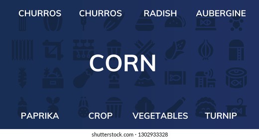  corn icon set. 32 filled corn icons. on blue background style Simple modern icons about  - Churros, Radish, Aubergine, Paprika, Crop, Vegetables, Turnip, Corndog, Farming, Eggplant