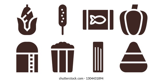 corn icon set. 8 filled corn icons.  Collection Of - Harvest, Corn, Popcorn, Corndog, Churros, Canned food, Candy Paprika