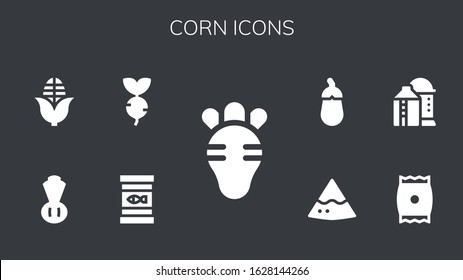 corn icon set. 9 filled corn icons. Included Radish, Canned food, Turnip, Chives, Corn, Snack, Silo, Nachos, Aubergine icons