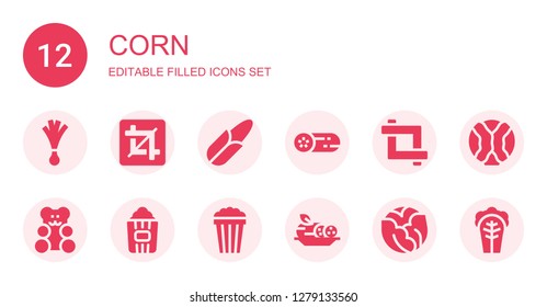 corn icon set. Collection of 12 filled corn icons included Leek, Crop, Corn, Cucumber, Gummy bear, Popcorn, Cabbage