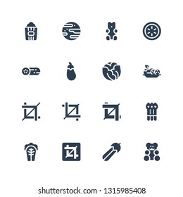 corn icon set. Collection of 16 filled corn icons included Gummy bear, Courgette, Crop, Cabbage, Asparagus, Cucumber, Aubergine, Jawbreaker, Popcorn