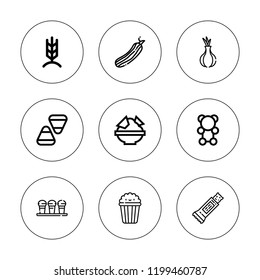 Corn icon set. collection of 9 outline corn icons with candy corn, cucumber, gummy bear, onion, nachos, popcorn, rye icons. editable icons.