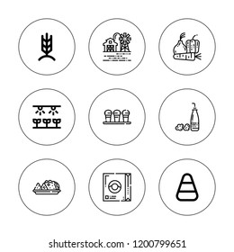 Corn icon set. collection of 9 outline corn icons with candy corn, cereal, farm, ethanol, rye, snack, tacos icons. editable icons.
