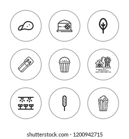 Corn icon set. collection of 9 outline corn icons with churro, corndog, farm, grain, popcorn, snack icons. editable icons.