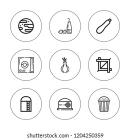 Corn icon set. collection of 9 outline corn icons with cereal, courgette, crop, ethanol, harvest, grain, jawbreaker, onion icons. editable icons.