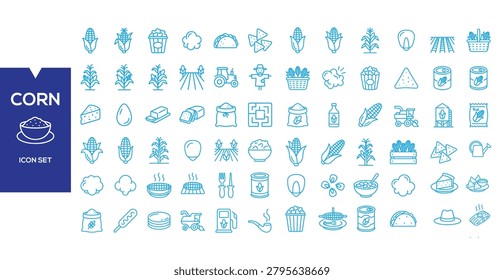 Corn Icon Set: A collection of clean, blue outline icons representing various aspects of corn and its related products and processes.