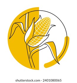 Corn icon in thin line and yellow semicircle on background. Labeling of natural food ingredient. Isolated vector badge