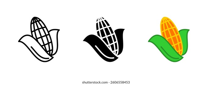 Corn icon. Yellow corn cob with green husk vector illustration. Organic vegetable symbol used for farming, agriculture and healthy food or grain nutrition themes.