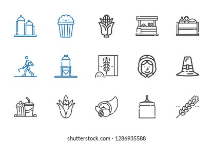 corn icons set. Collection of corn with cereal, oat, cornucopia, popcorn, pilgrim, wheat flour, silo, farmer hoeing, vegetable, vegetables. Editable and scalable corn icons.