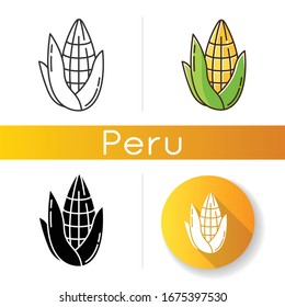 Corn icons set. Corncob pipe with leaf. Sweetcorn. Maize cereal crop. South american agriculture. Hispanic national cultivation. Linear, black and RGB color styles. Isolated vector illustrations