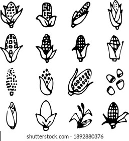 Juego de iconos de maíz, estilo dibujado a mano.