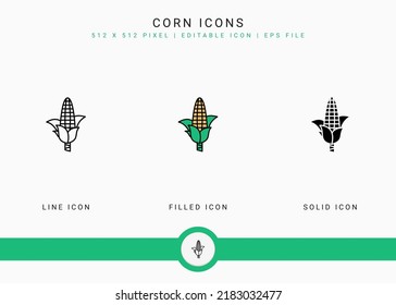 Corn icons set vector illustration with solid icon line style. Vegetable healthy concept. Editable stroke icon on isolated background for web design, user interface, and mobile application