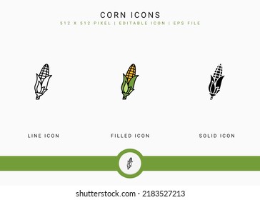 Corn icons set vector illustration with solid icon line style. Vegetable healthy concept. Editable stroke icon on isolated background for web design, user interface, and mobile application