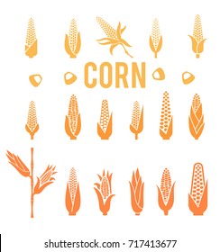 Corn icons.Vegetarian cuisine vegetable and agriculture ripe harvest. Sweet corn cob maize for grocery store, farmer market design.Vector illustration isolated on white background.
