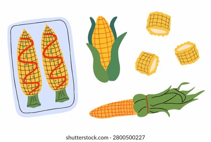 Corn illustration set with grilled corn, fresh whole sweetcorn, and chopped corn pieces. Vector flat hand drawn style isolated element for cooking recipe, menu, food design, agriculture market