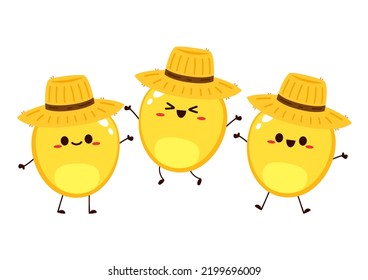 Corn kernel character design. Cute vegetable vector character isolated on white. Corn mascot. Farmer hat. Peasant hat vector.