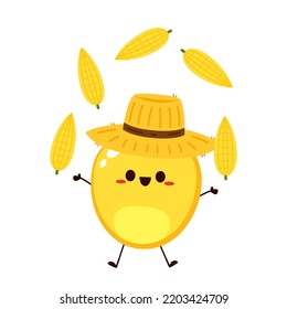 Corn kernel character design. Cute vegetable vector character isolated on white. Corn mascot. Farmer hat. Peasant hat vector.