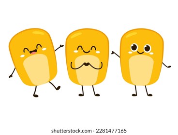 Corn kernels mascot, food cartoon illustration, with different facial expressions and poses, isolated on white background.