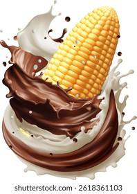Corn kernels rotating with milk and chocolate splash, isolated on white background. Flying food concept, healthy eating. Fresh corn